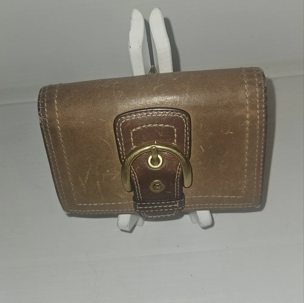 Vintage Coach Brown Leather Stitched Buckle Trifold Square Wallet Y2K Classic